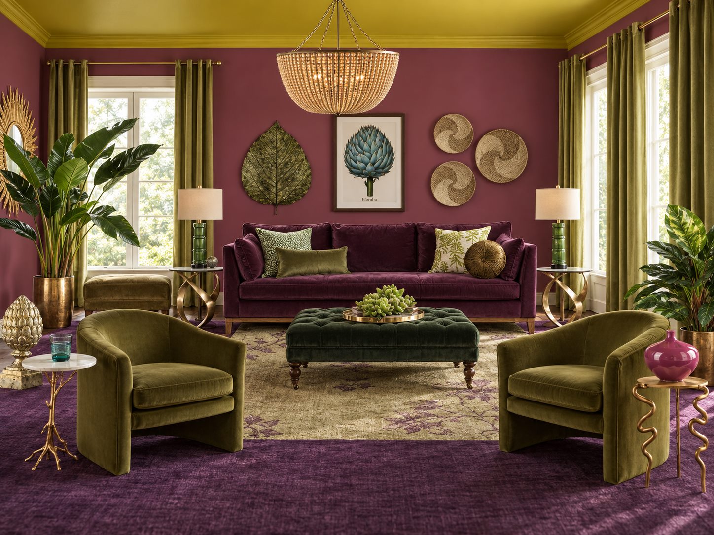 Purple and green contemporary living room