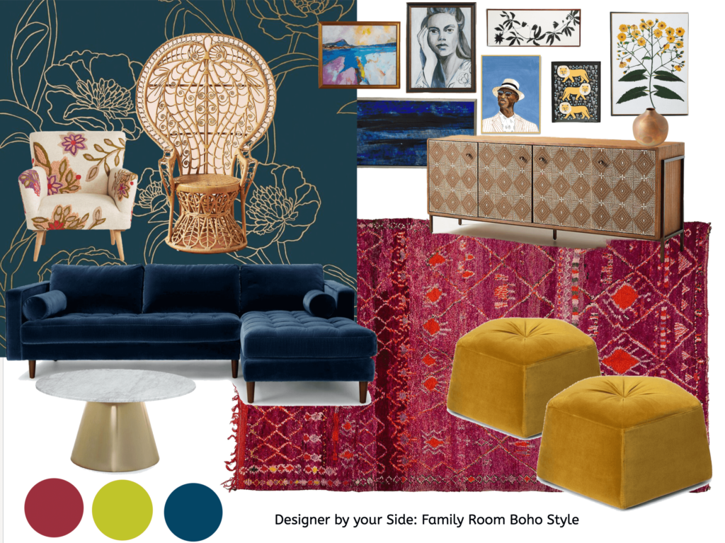 Boho living room mood board: navy floral wallpaper, woven rattan chair, floral armchair, blue velvet sofa, mustard poufs, red patterned rug, and framed art on a white wall with color swatches.