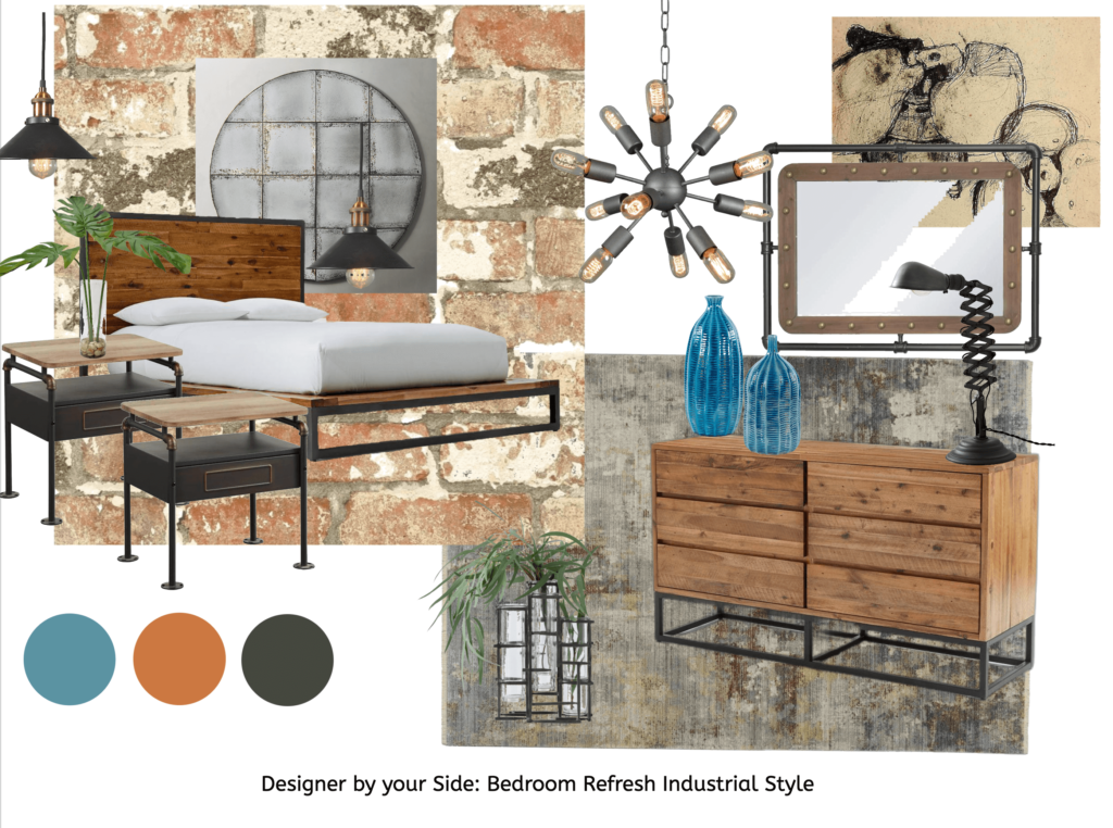 Industrial-style bedroom mood board with brick backdrop, wooden bed, metal lamps, dresser, and blue glass vases.