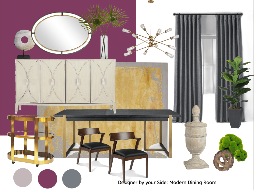 Collage of modern dining room furniture and décor against a purple backdrop: mirror, chandelier, cabinet, bar cart, stools, curtains, and plants.