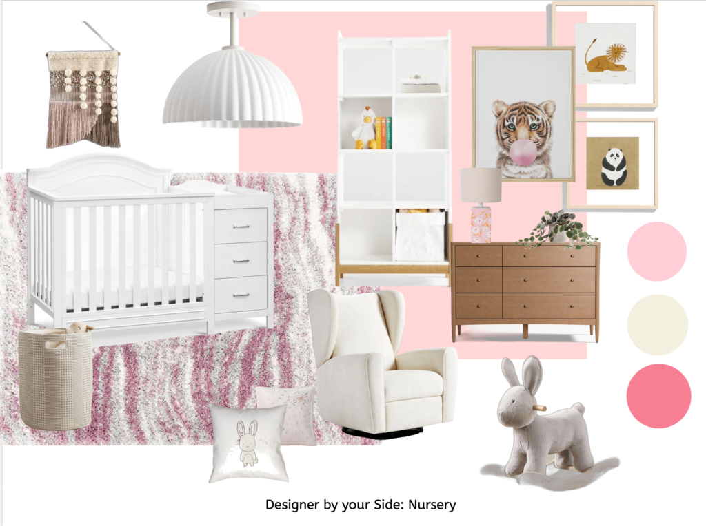 Collage of nursery furnishings in pink and white: crib, dresser, bookshelf, rug, and framed animal art.