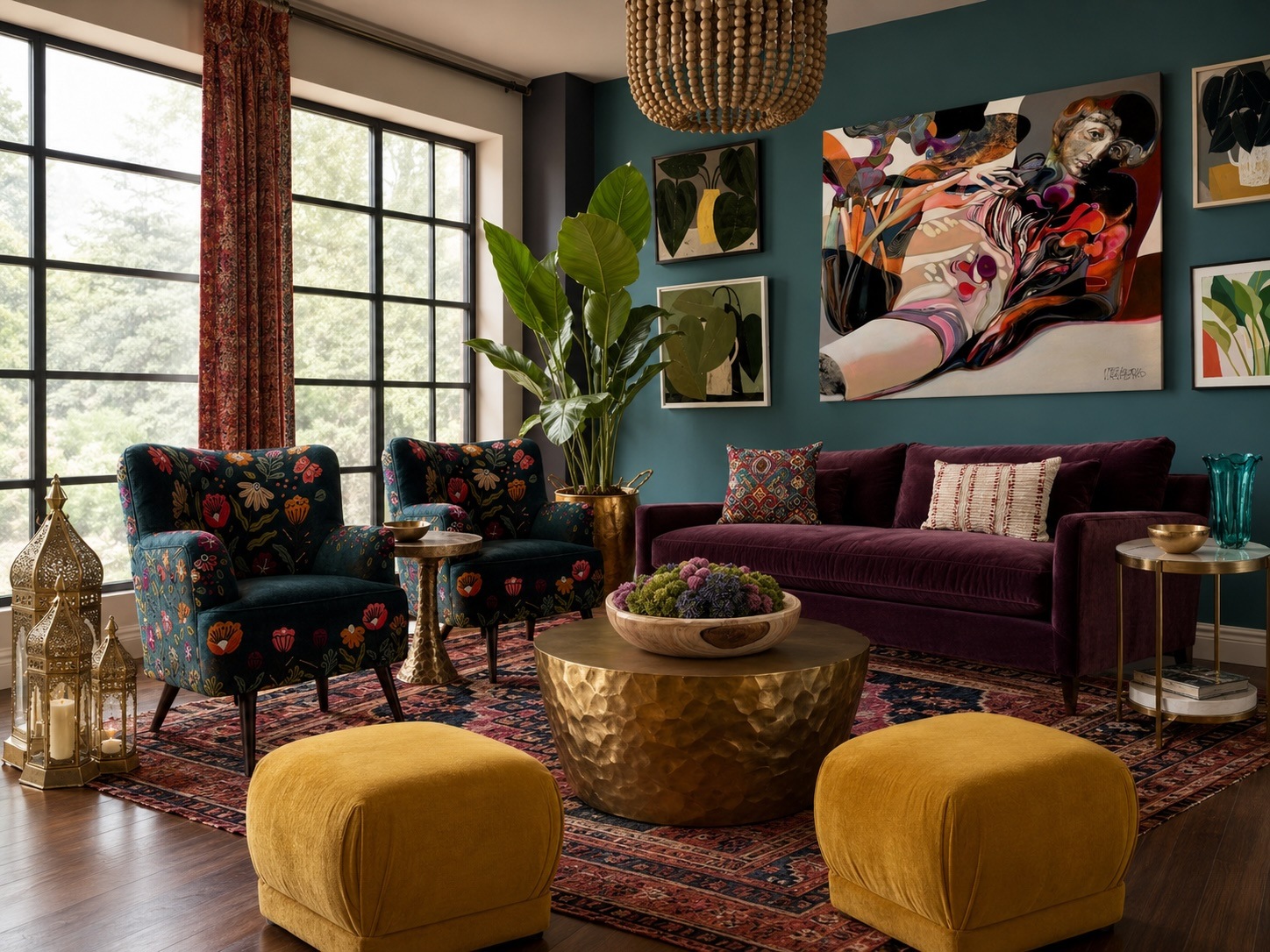 Colorful living room with a teal wall, abstract artwork, a burgundy velvet sofa, floral patterned chairs, and golden hammered coffee table with yellow ottomans nearby.