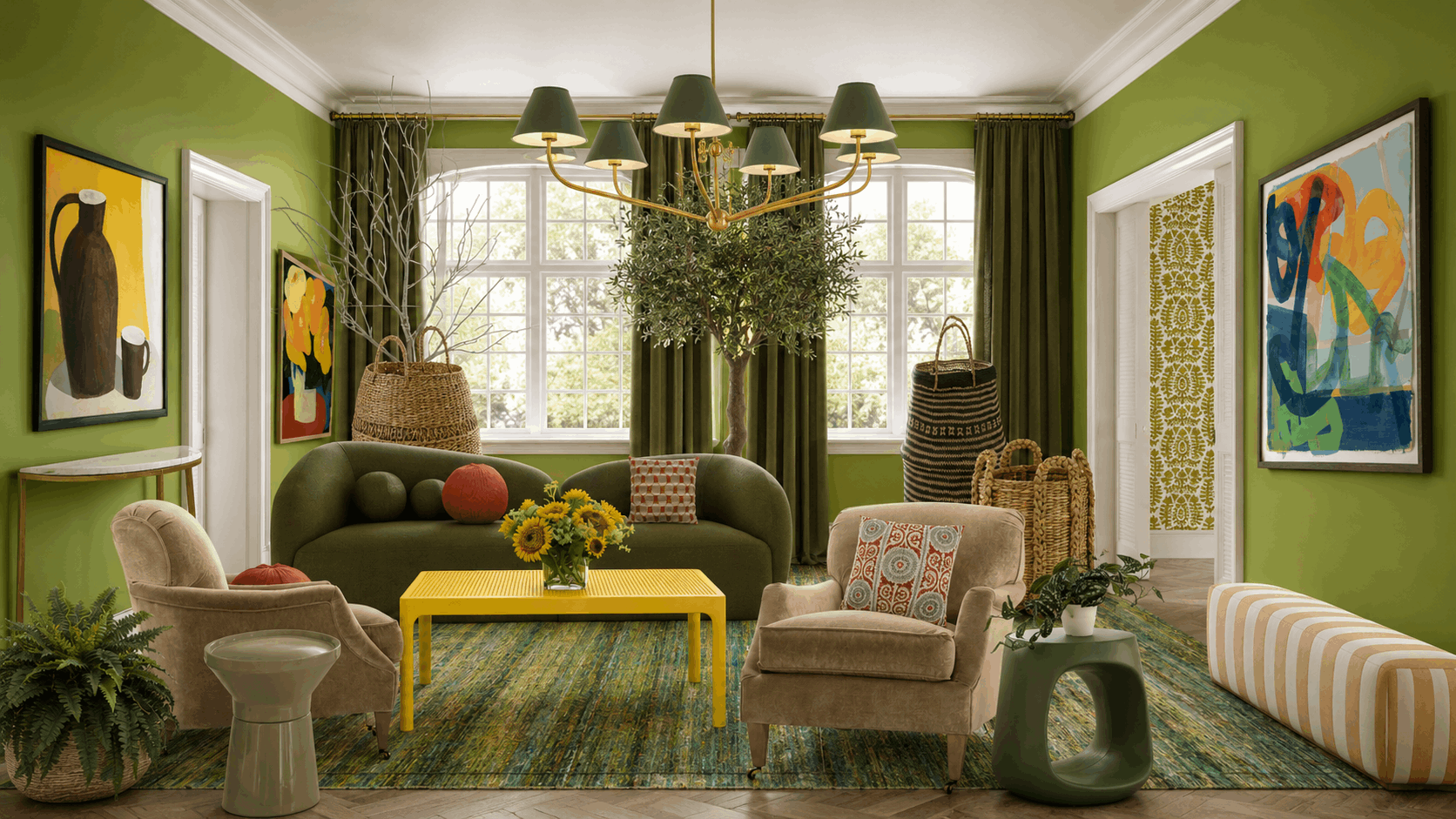 Bright green living room with an olive sofa, beige chairs, yellow coffee table, and a gold chandelier bathed in natural light from large windows.
