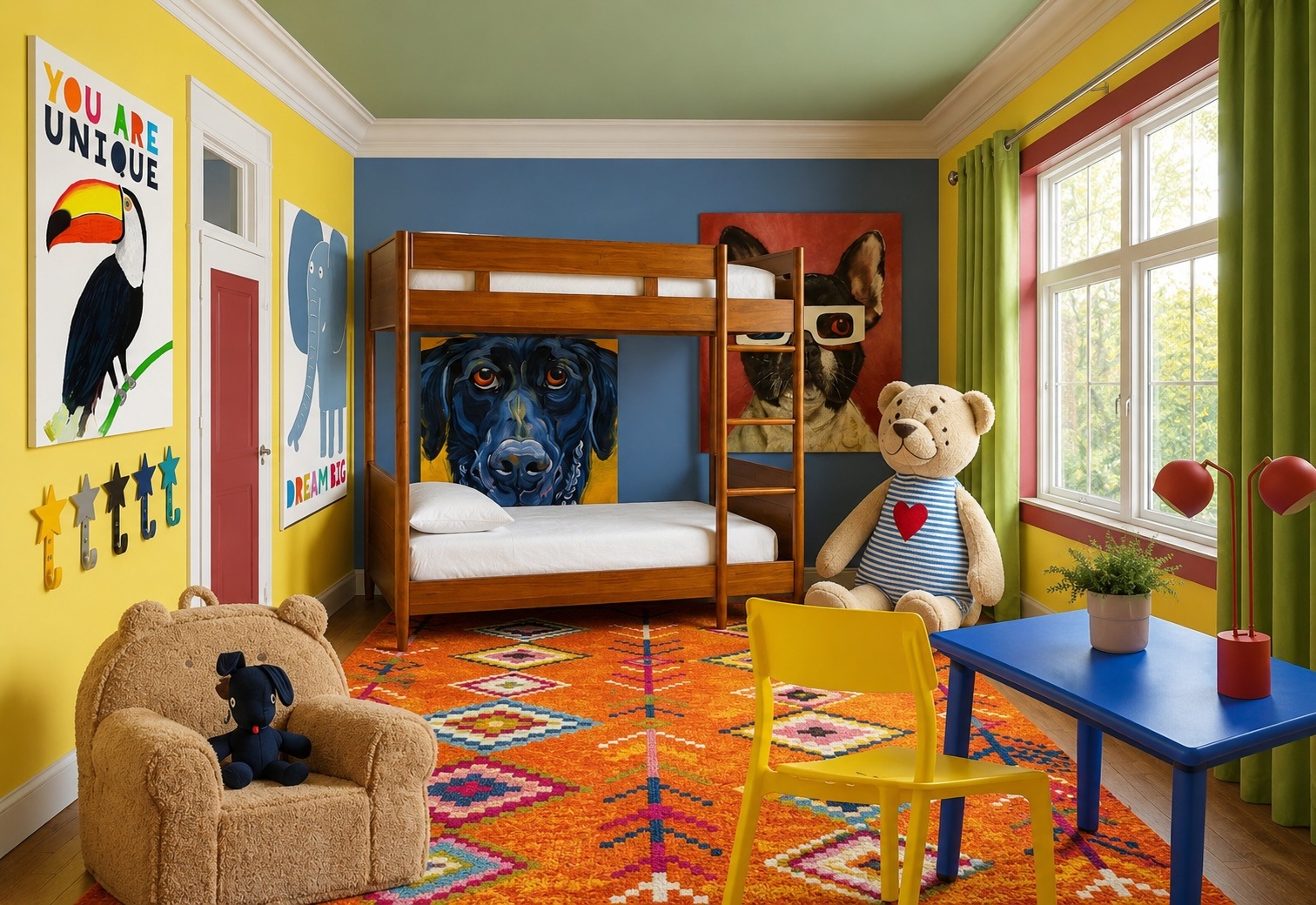 Colorful kids' bedroom with a wooden bunk bed, bright yellow and blue walls, and large animal portraits on the walls.