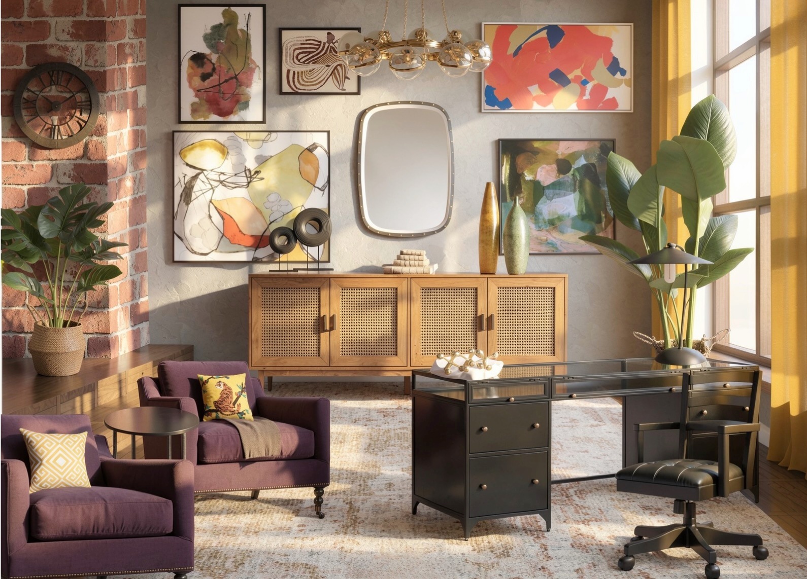 Cozy modern living room with purple armchairs, a wooden sideboard, abstract wall art, and large plants by a window.