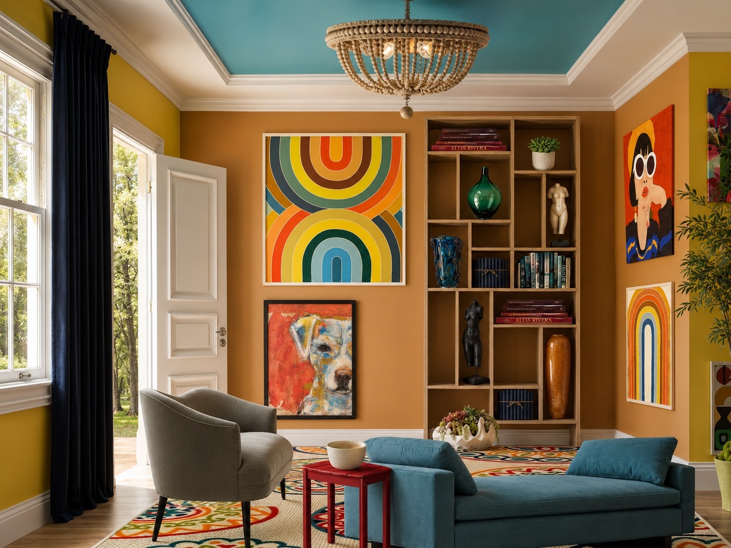 Bright, eclectic living room with mustard walls, teal ceiling, large abstract rainbow artwork, and a teal sofa.