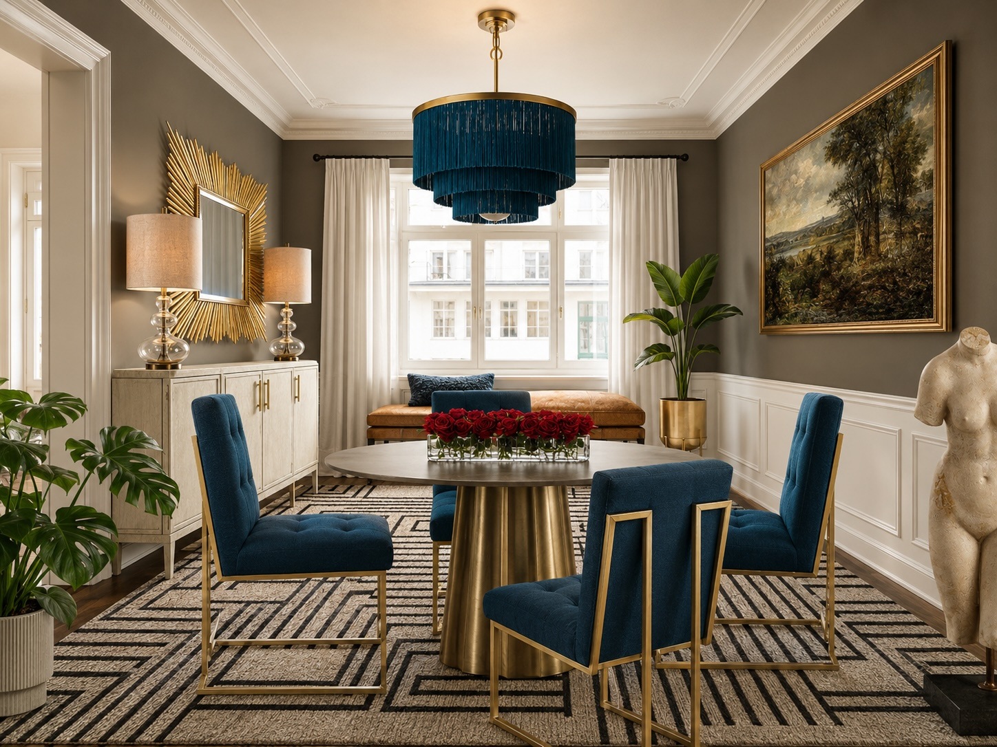 Elegant dining room with a round marble table, four blue upholstered chairs with gold frames, and a tiered blue fringe chandelier above.