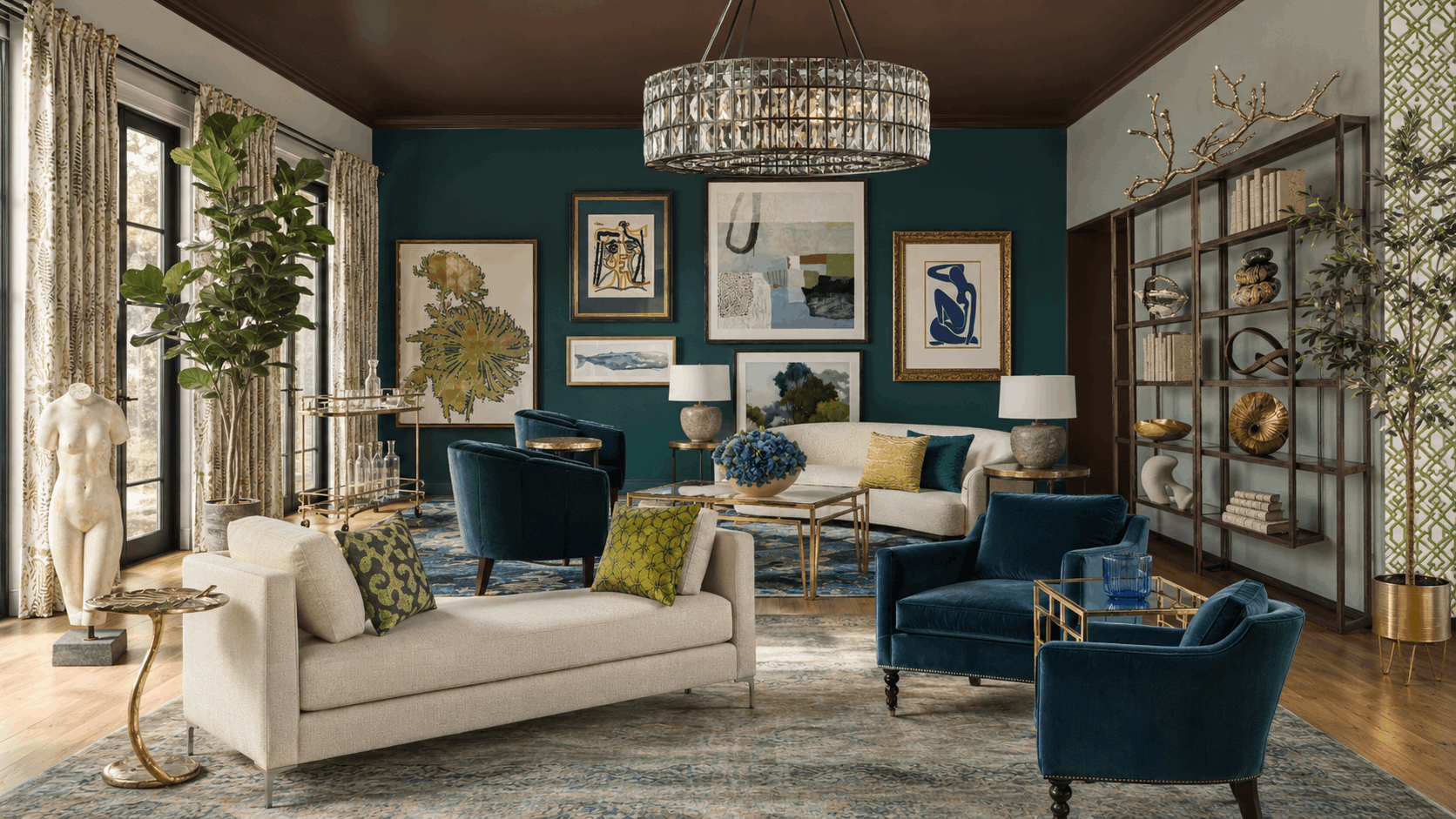 Elegant living room with teal accent wall, cream sofa, blue velvet chairs, and a gallery wall of art.