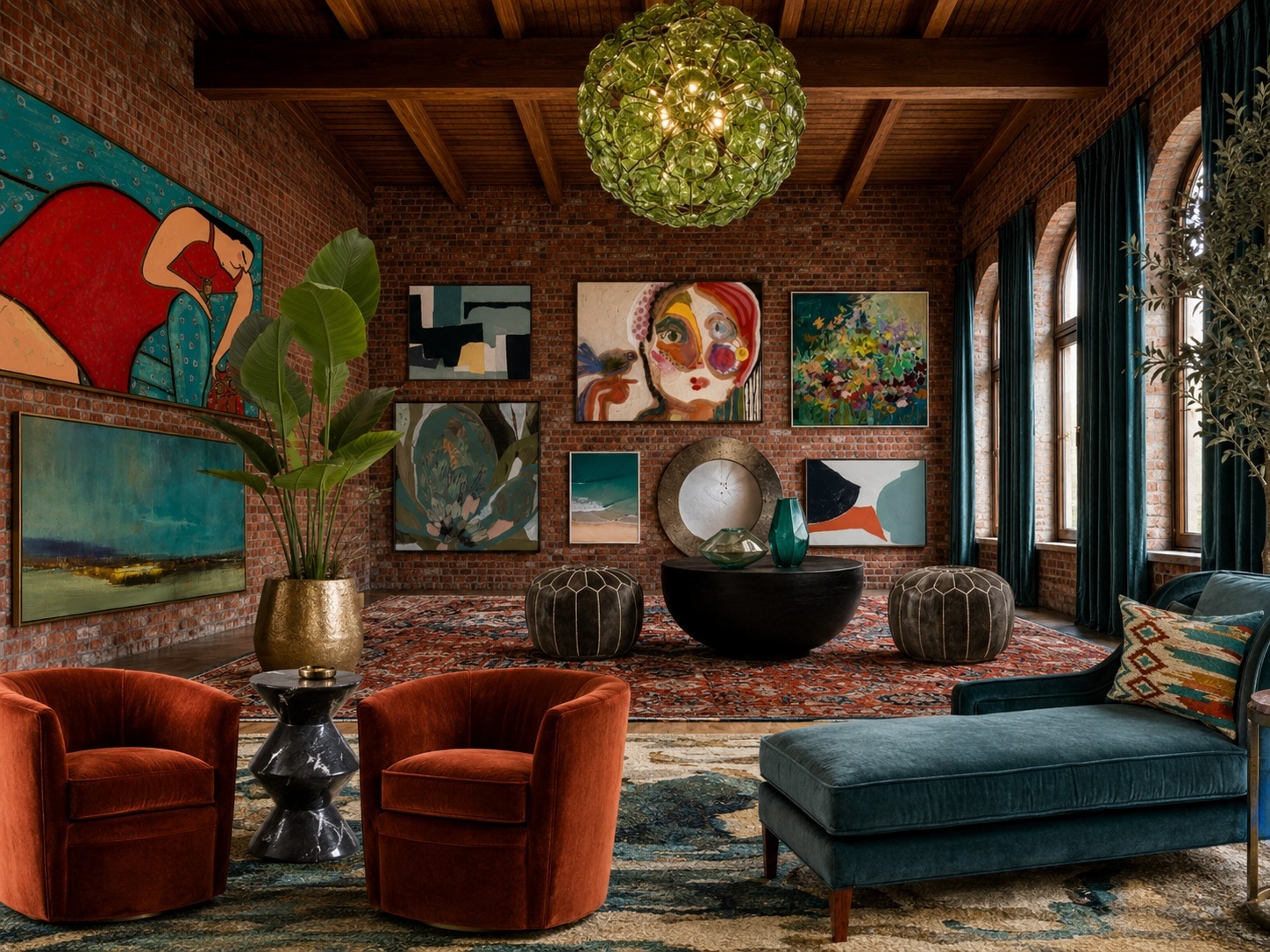 Interior of a brick-walled gallery room with colorful paintings, a green spherical chandelier, and a mix of orange chairs and a teal chaise lounge.