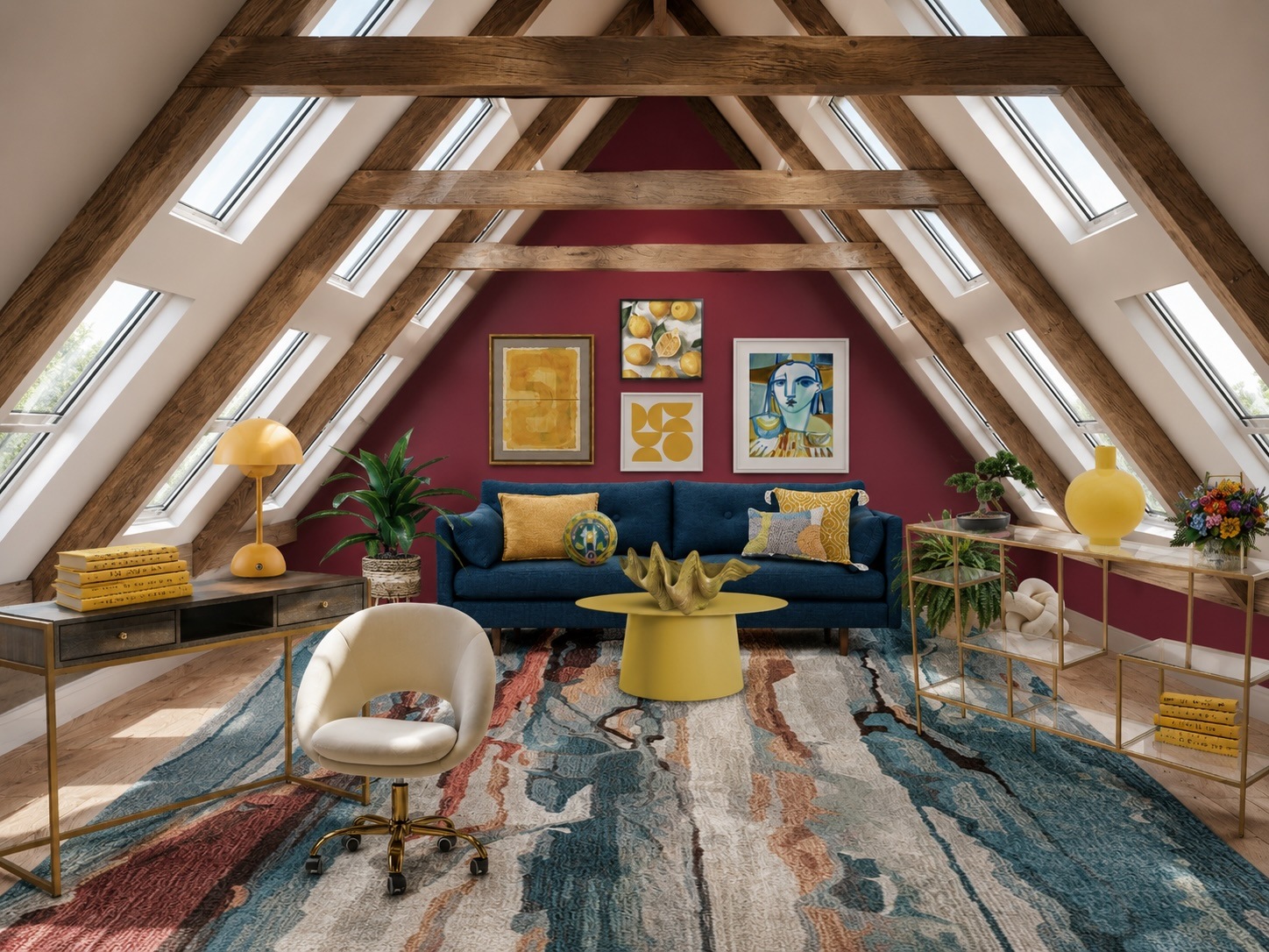 Cozy attic living room with exposed wooden beams, skylights, and a blue sofa accented by yellow decor against a burgundy wall with abstract art.