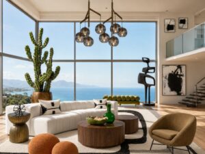Bright contemporary living room with a tall cactus by floor-to-ceiling windows overlooking the sea and hills.