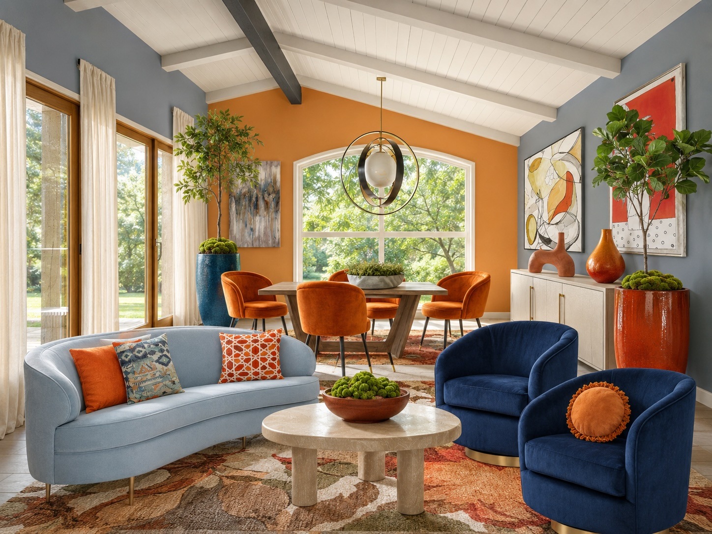 Open living-dining room with an orange accent wall, vaulted white ceiling, and a large window letting in natural light around an orange-dined table with six chairs; contemporary decor.