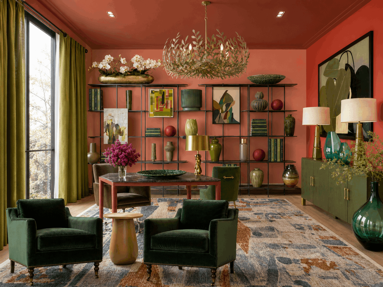 Room with coral walls, green velvet chairs, a grid shelving unit filled with art, vases, and books, and a large window with olive curtains.”,
