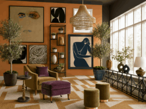 Cozy living room with an orange accent wall, large framed art, a woven pendant light, and green plants surrounding mustard chair and purple ottoman.