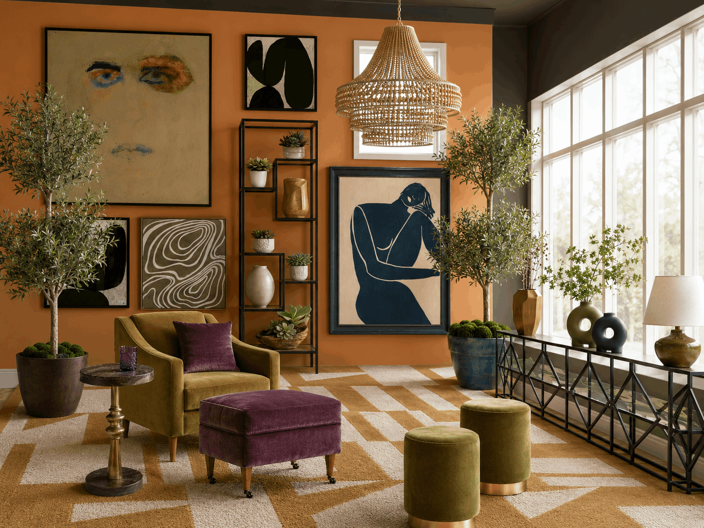 Cozy living room with an orange accent wall, large framed art, a woven pendant light, and green plants surrounding mustard chair and purple ottoman.
