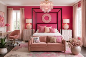 Pink-themed bedroom with a black four-poster bed, blush sofa, and pink accents throughout the room.