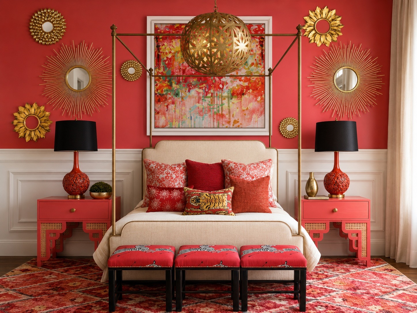 Luxurious bedroom with red walls, a cream canopy bed, and gold accents, centered by a colorful abstract painting and sunburst mirrors.
