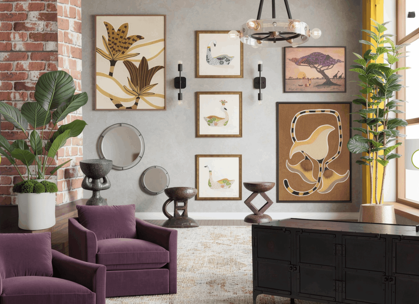 Cozy living room with purple armchairs, a brick pillar, and a gallery wall of animal-themed prints, plus plants and a black metal console.