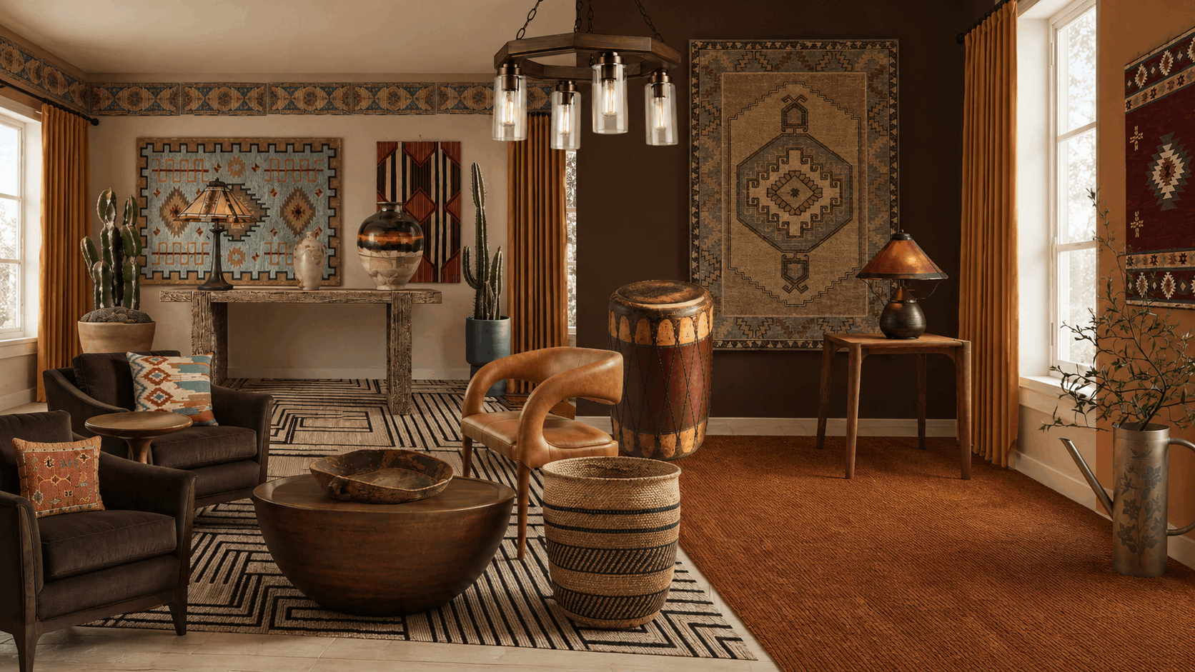 Cozy bohemian living room with geometric rugs, warm wood furniture, and potted plants along a console table.