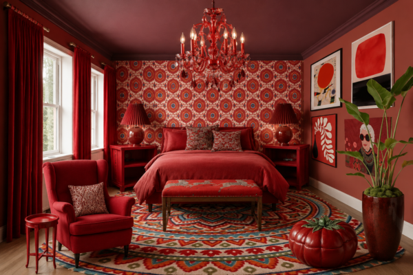 Red bedroom with a bold patterned accent wall, red chandelier, and matching bedding at center stage. Two red bedside lamps on red nightstands flank the bed.