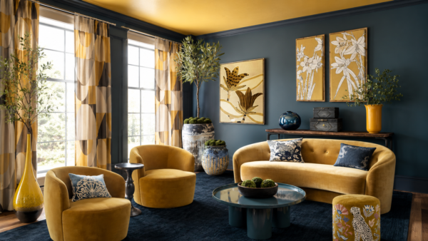 Cozy living room with mustard velvet sofa and chairs, dark teal walls, and gold-framed botanical art with tall potted plants nearby.