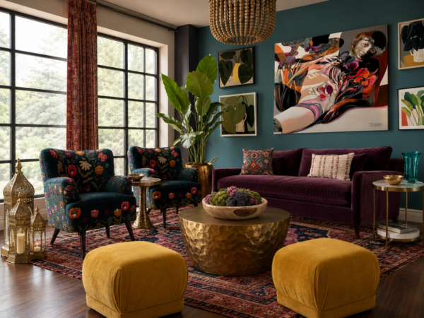 Cozy eclectic living room with a teal wall, purple velvet sofa, two floral-patterned chairs, and a gold hammered coffee table by a large window.