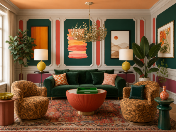 Luxurious living room with dark green walls, white molding, and a gold sculpted chandelier above a green sofa and orange-patterned chairs.