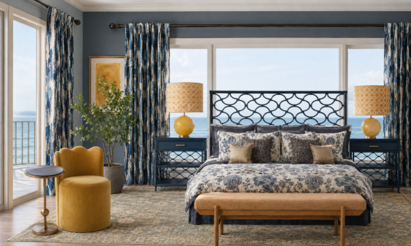 Coastal bedroom with blue walls, patterned curtains, navy nightstands, and a decorative metal headboard overlooking the sea.