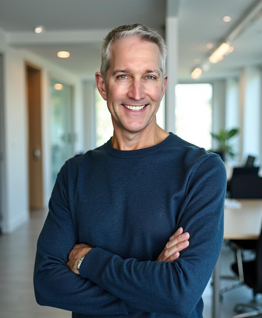 Dark sweater arms crossed_ - Creative Space Interiors Smiling man with gray hair in a navy sweater, arms crossed, standing in a bright office hallway.