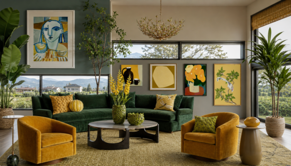 Living room with a dark green sofa and mustard-yellow chairs, plants, and colorful wall art creating a vibrant, modern space.