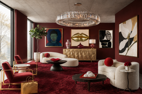 Luxurious living room with deep red walls, plush cream furniture, and a crystal chandelier centerpiece in a modern, art-filled space