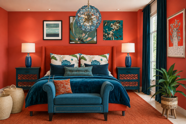 Bold orange bedroom with a blue upholstered bed, matching nightstands, lamps, and a teal velvet bench at the foot of the bed.