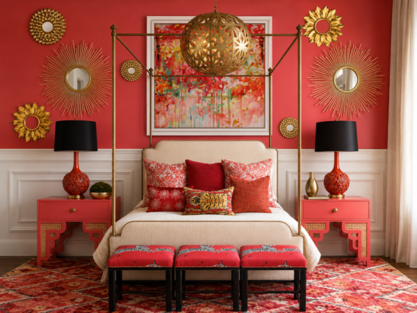 Elegant red-and-gold bedroom with a canopy bed, abstract wall art, and sunburst mirrors on a red wall.