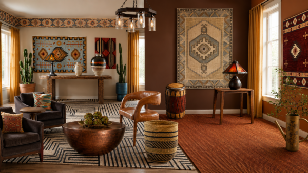 Cozy midcentury-style living room with warm brown walls, patterned rugs, and leather chair, topped by a lantern chandelier.