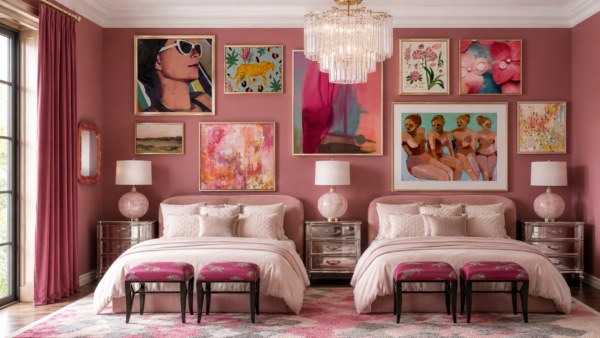 Twin pink bedroom with velvet headboards, glass nightstands, and a crystal chandelier, surrounded by colorful wall art on pink walls.
